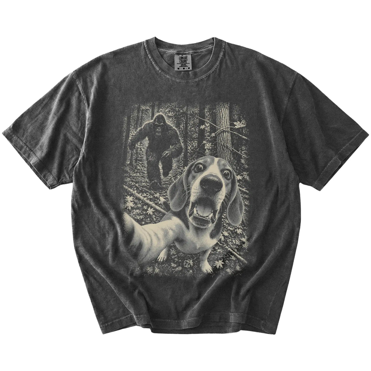 Pepper Beagle Bigfoot selfie T-shirt, full garment view