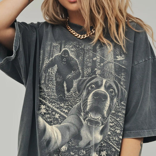 Pepper Boxer Bigfoot selfie T-shirt, worn by a model