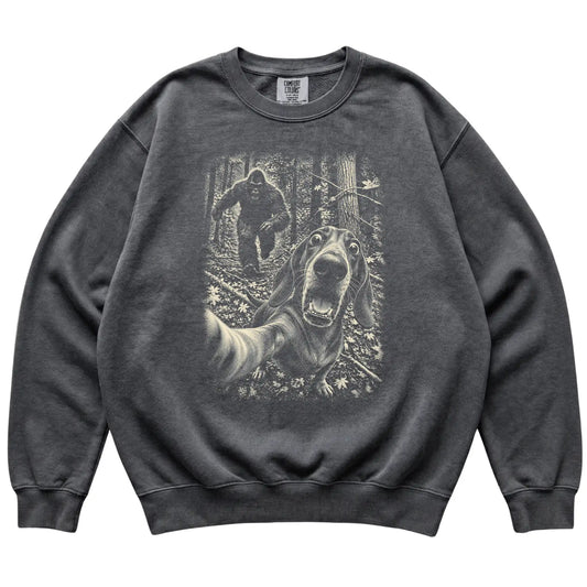 Pepper Dachshund Bigfoot selfie sweatshirt, full garment view