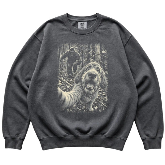 Pepper Labradoodle Bigfoot selfie sweatshirt, full garment view
