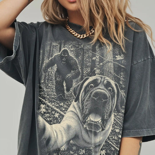 Pepper Mastiff Bigfoot selfie T-shirt, worn by a model