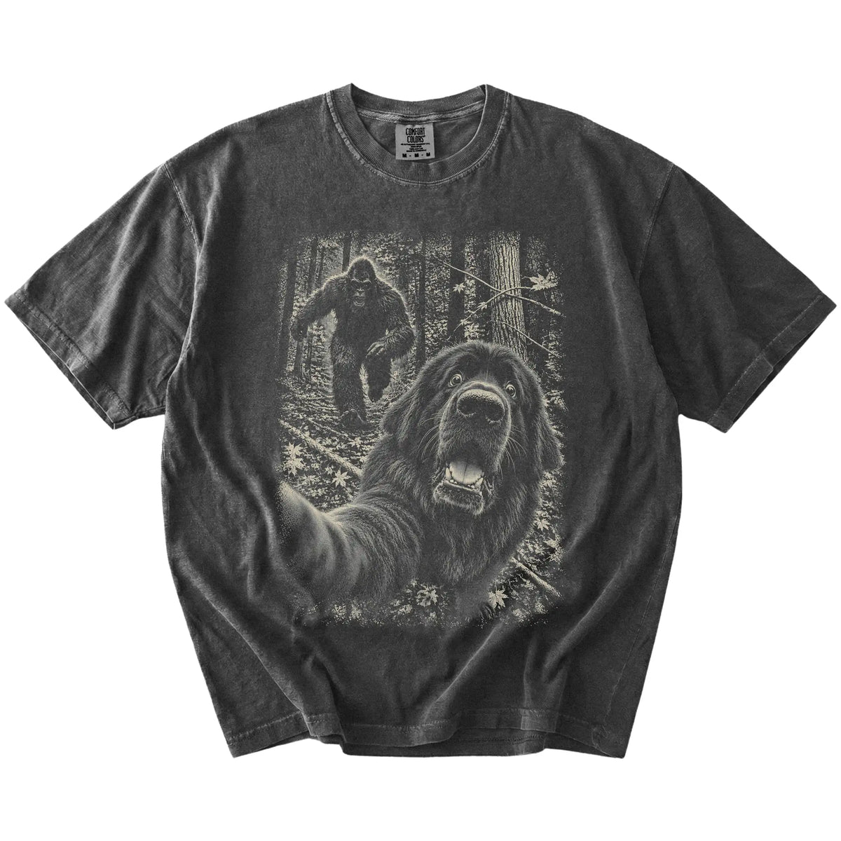 Pepper Newfie Bigfoot selfie T-shirt, full garment view