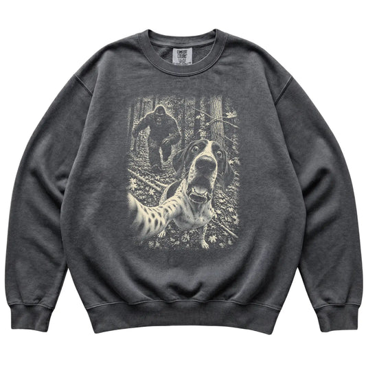 Pepper Pointer Bigfoot selfie sweatshirt, full garment view