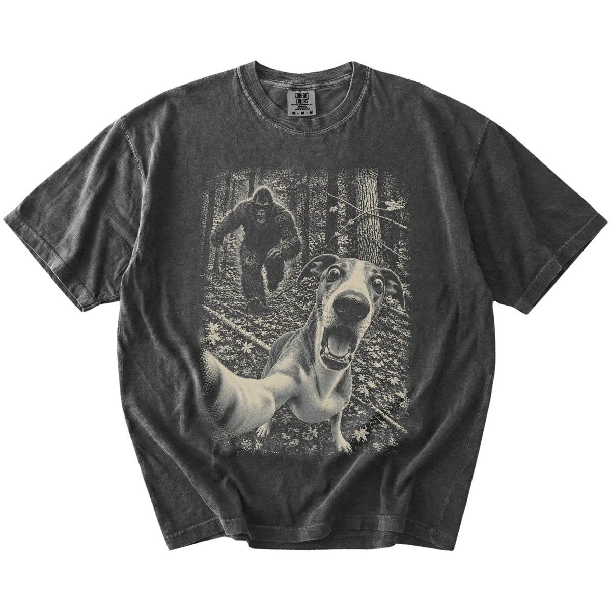 Pepper Whippet Bigfoot selfie T-shirt, full garment view