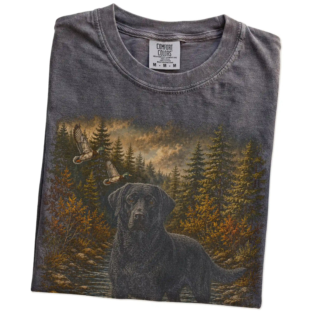Folded Pepper Black Lab Duck Hunting T-Shirt showing the graphic