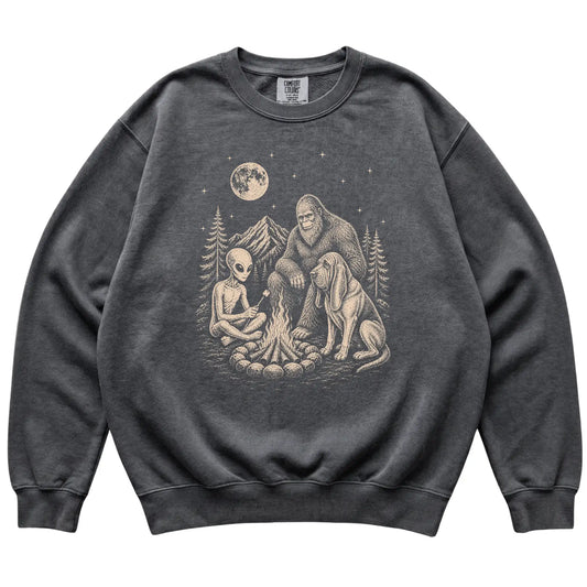 Pepper Bloodhound Camping with Bigfoot and Alien shirt laid flat