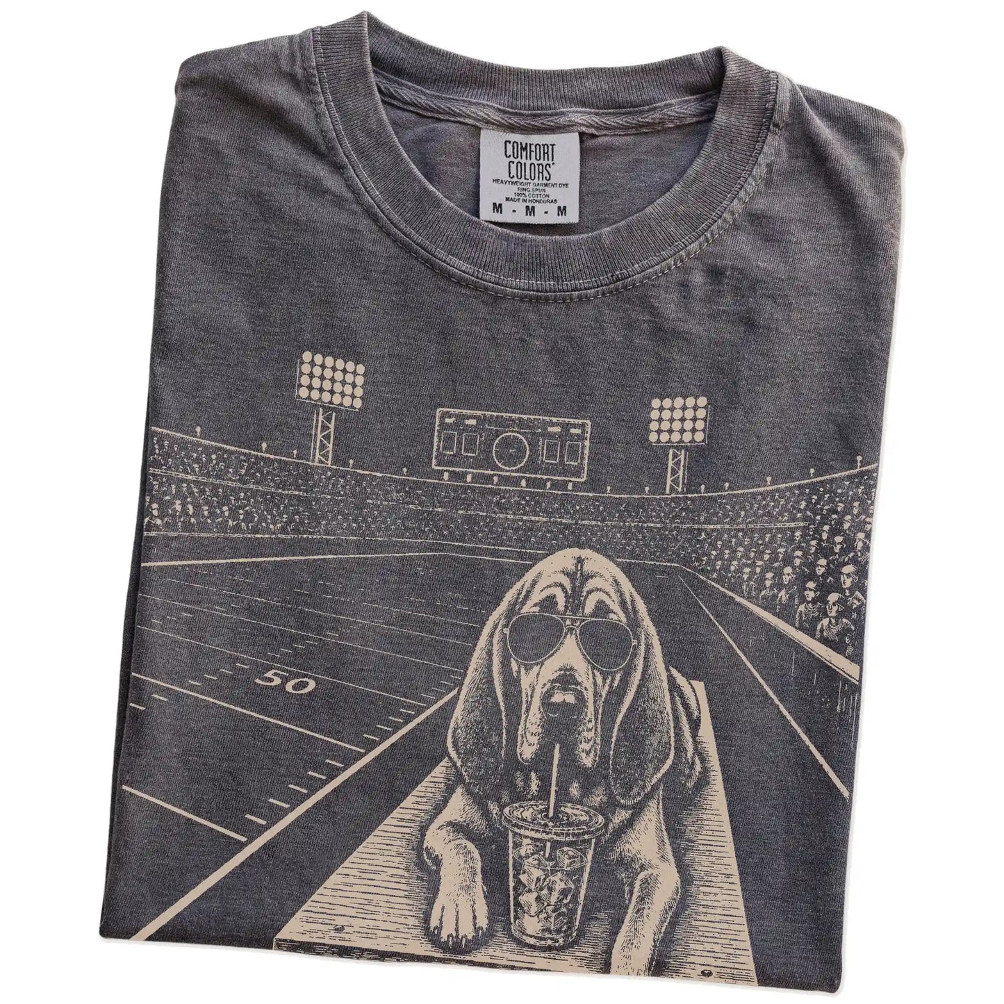 Folded Pepper Comfort Colors® T-shirt showing Bloodhound ready for football and tailgate season