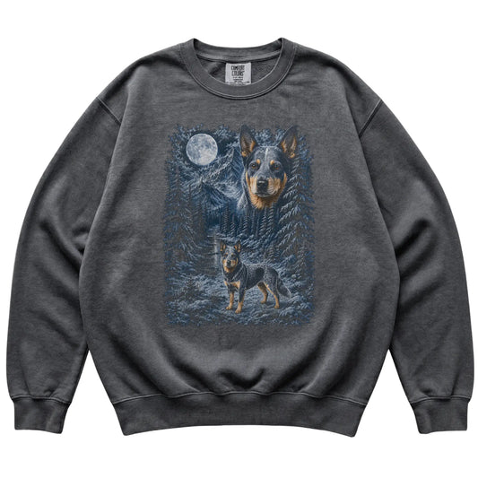 pepper sweatshirt with Blue Heeler Winter Moon artwork.
