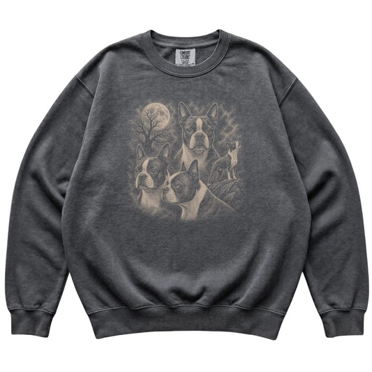 Boston Terrier 90s Moon Sweatshirt in Pepper — flat lay