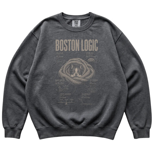 Pepper Boston Terrier Logic sweatshirt laid flat