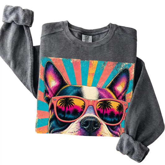 Folded Pepper Comfort Colors sweatshirt with a Retro Boston Terrier Mama design