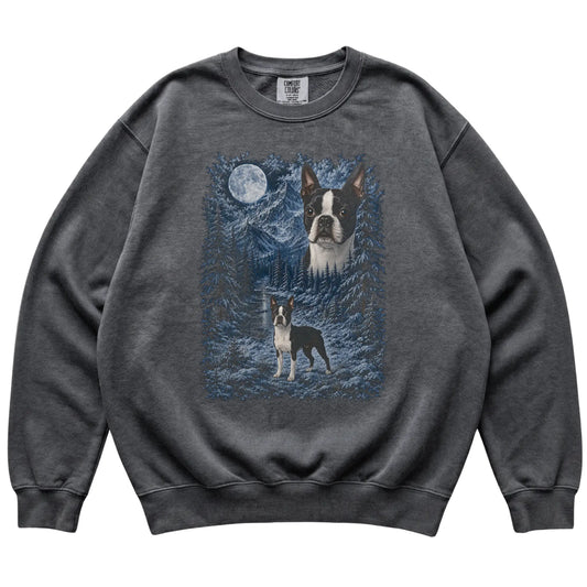 pepper sweatshirt with Boston Terrier Winter Moon artwork.
