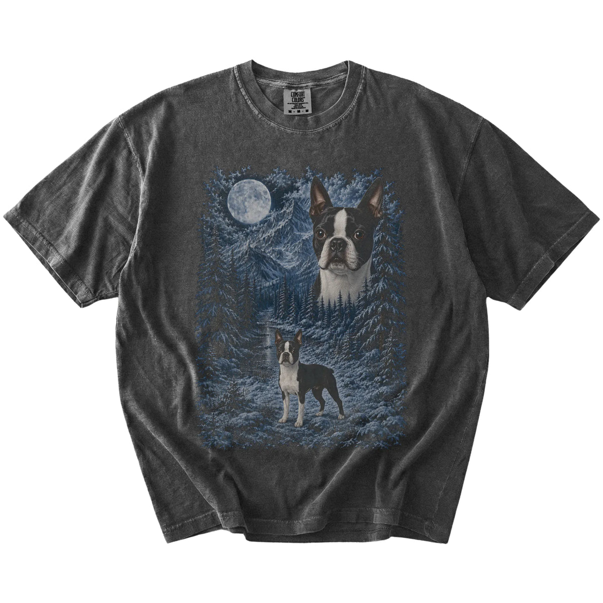 pepper T-shirt with Boston Terrier Winter Moon artwork.