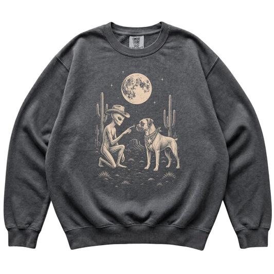 Pepper Comfort Colors® sweatshirt featuring Boxer Cowboy and Alien, laid-flat presentation