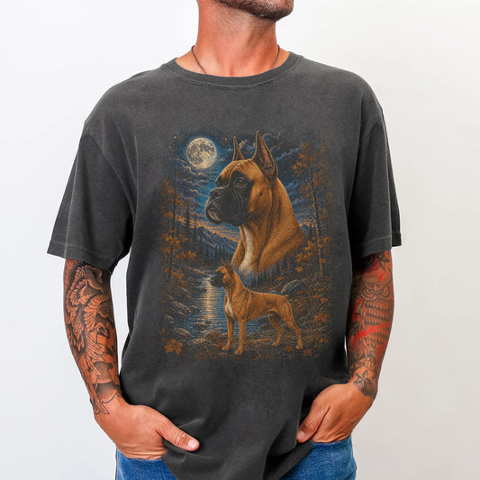 Model wearing a pepper T-shirt with Boxer Autumn Moon artwork.