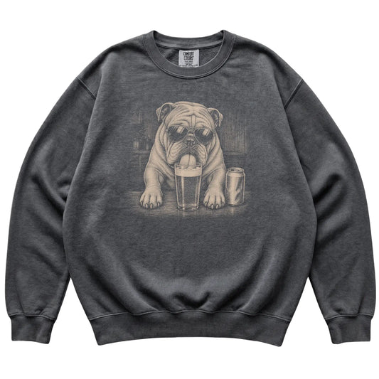 Pepper English Bulldog drinking from a pint at a bar, laid flat