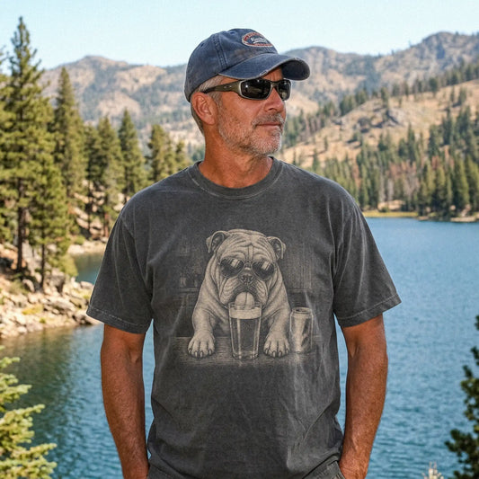 Model wearing a Pepper Comfort Colors® t-shirt with Bulldog sneaking a drink from a pint