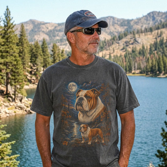 Model wearing a Pepper Comfort Colors® t-shirt featuring Bulldog in a moonlit fall forest