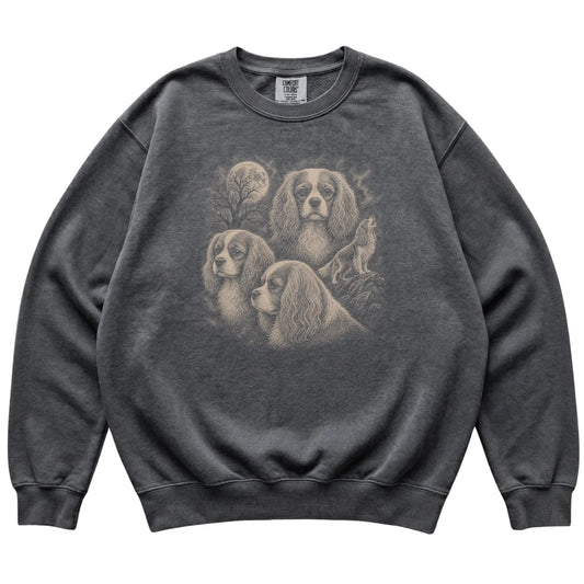 Cavalier King Charles Spaniel 90s Moon Sweatshirt in Pepper — flat lay