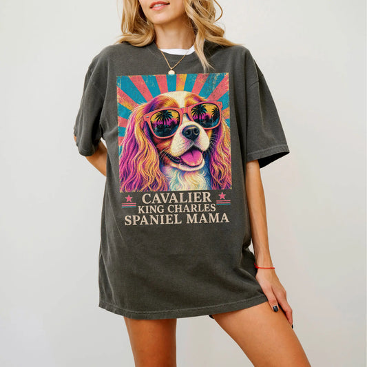 Retro Cavalier King Charles Spaniel Mama design on a Pepper Comfort Colors T-shirt worn by a model