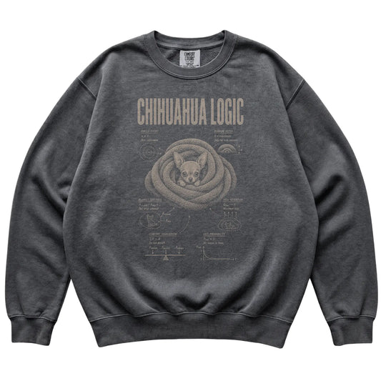 Pepper Chihuahua Logic sweatshirt laid flat