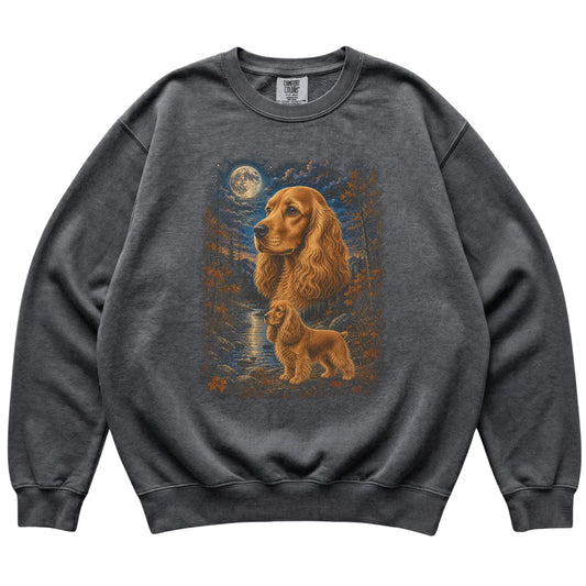 pepper sweatshirt with Cocker Spaniel Autumn Moon artwork.