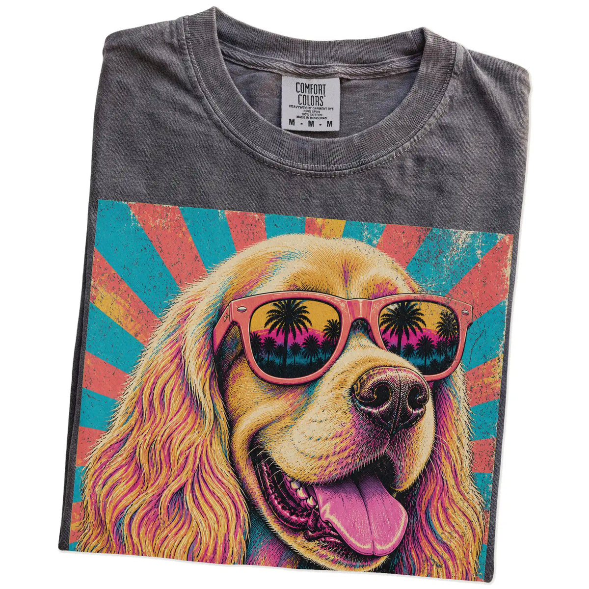 Retro Cocker Spaniel Mama design on a Pepper Comfort Colors T-shirt folded detail