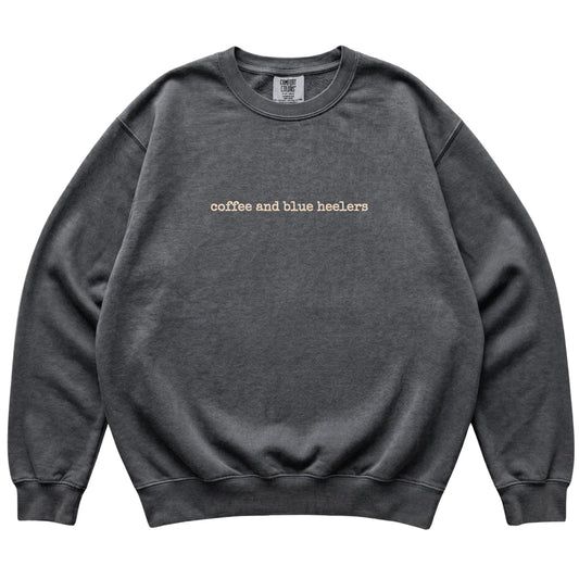 Pepper Coffee and Blue Heelers Comfort Colors sweatshirt laid flat
