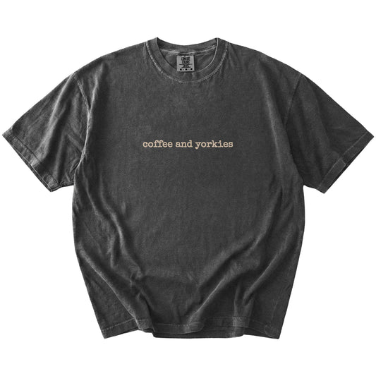 Yorkie coffee saying on a Pepper Comfort Colors® T-shirt