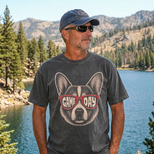 Model wearing a Pepper Comfort Colors® T-shirt with corgi wearing red game day sunglasses