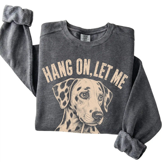 Pepper Comfort Colors sweatshirt featuring Dalmatian Iced Coffee Overthink, folded presentation