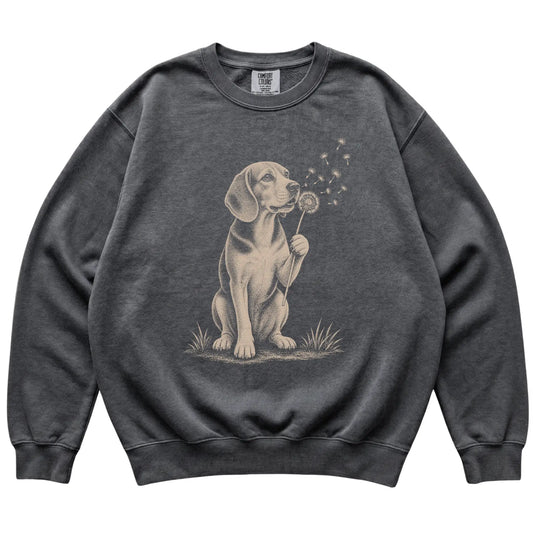 Pepper Comfort Colors® sweatshirt featuring Dandelion Beagle, laid-flat presentation