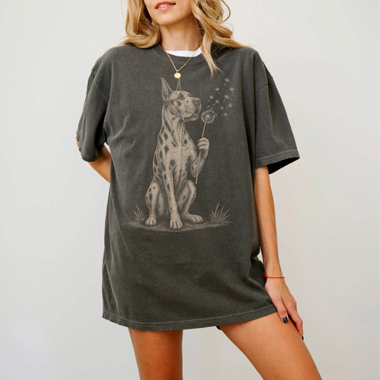Model wearing a Pepper Comfort Colors® T-shirt showing Great Dane portrait with drifting dandelion seeds