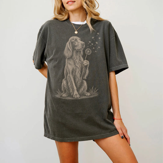 Model wearing a Pepper Comfort Colors® T-shirt showing Irish Setter portrait with drifting dandelion seeds