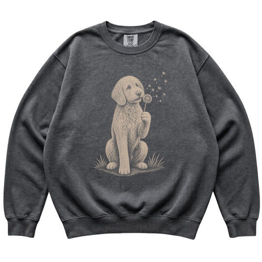 Pepper Comfort Colors® sweatshirt featuring Dandelion Labradoodle, laid-flat presentation