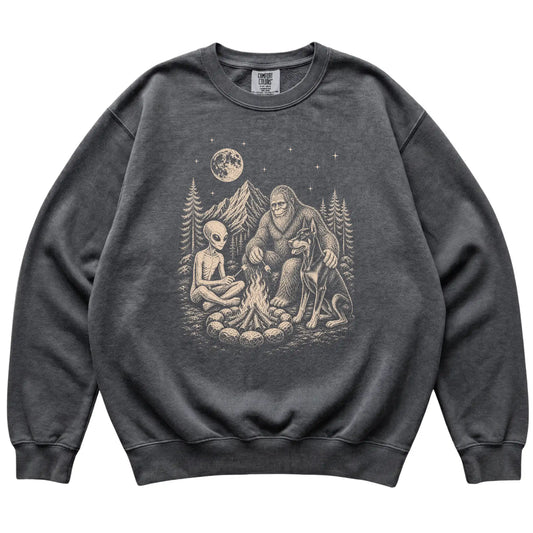 Pepper Doberman Camping with Bigfoot and Alien shirt laid flat