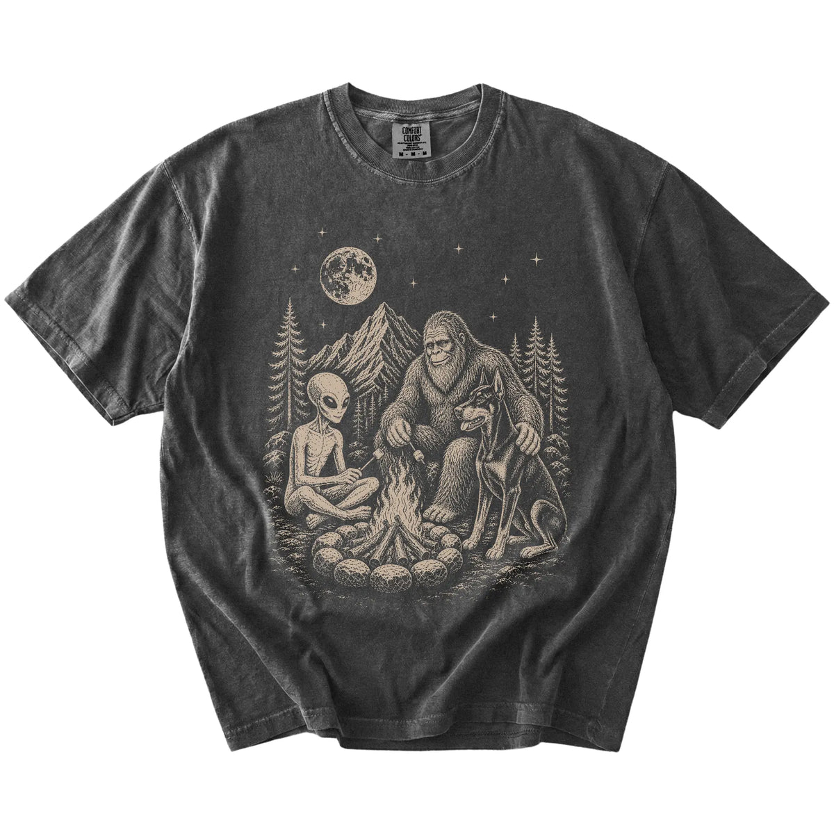 Doberman camping with Bigfoot and an alien on a Pepper Comfort Colors® T-shirt