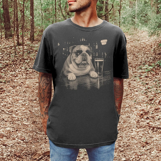 Pepper English Bulldog at a bar beside a pint, worn in a studio setting