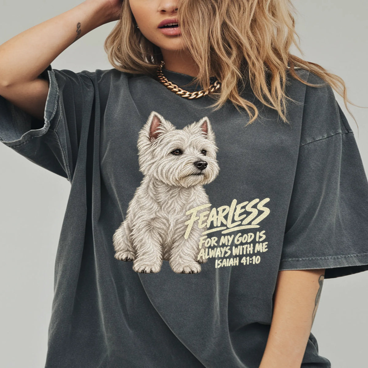Woman wearing a pepper Fearless Westie T-shirt with Isaiah 41:10