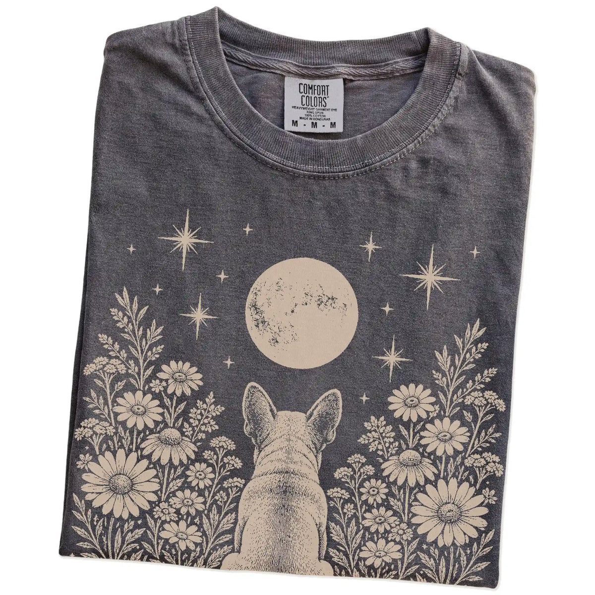 Folded Pepper Comfort Colors® T-shirt showing French Bulldog beneath a wildflower moon