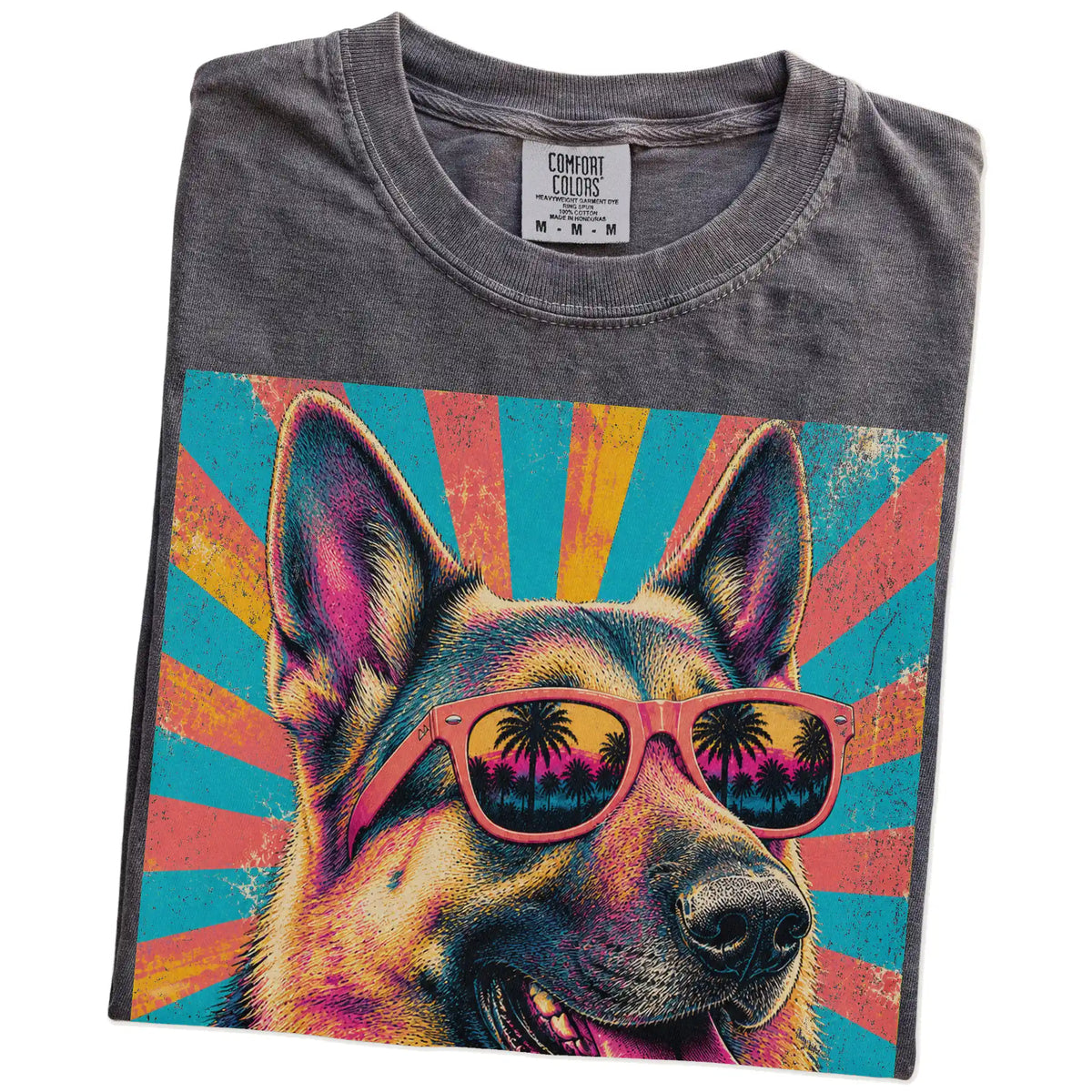 Retro German Shepherd Mama design on a Pepper Comfort Colors T-shirt folded detail
