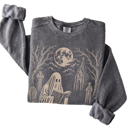 Schnauzer Ghost Reading sweatshirt in Pepper, folded detail view