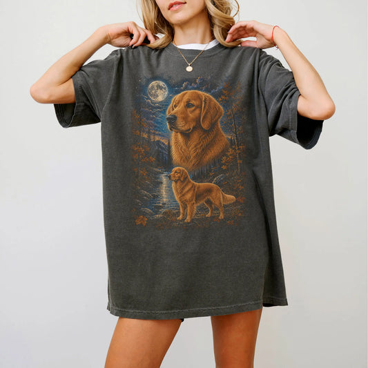 Model wearing a Pepper Comfort Colors® t-shirt featuring Golden Retriever in a moonlit fall forest