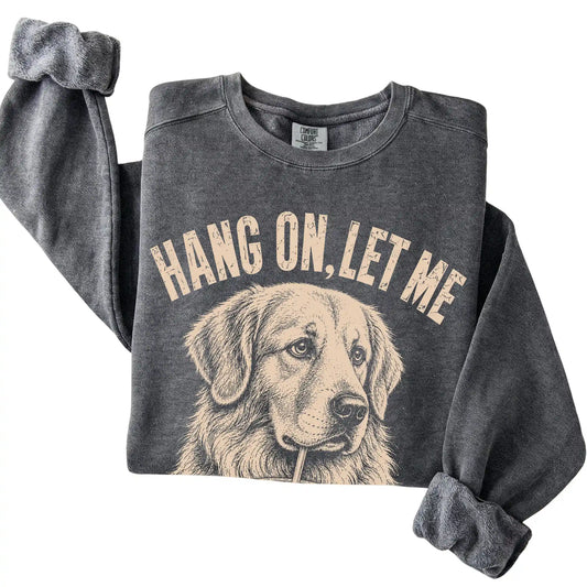 Pepper Comfort Colors sweatshirt featuring Golden Retriever Iced Coffee Overthink, folded presentation