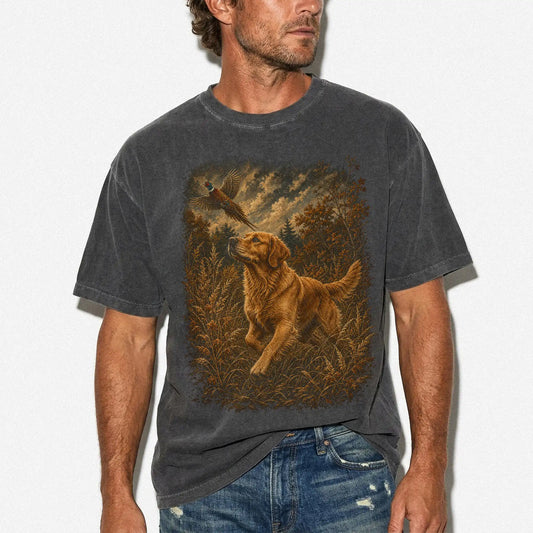 Man wearing a Pepper Golden Retriever Pheasant Hunting T-Shirt
