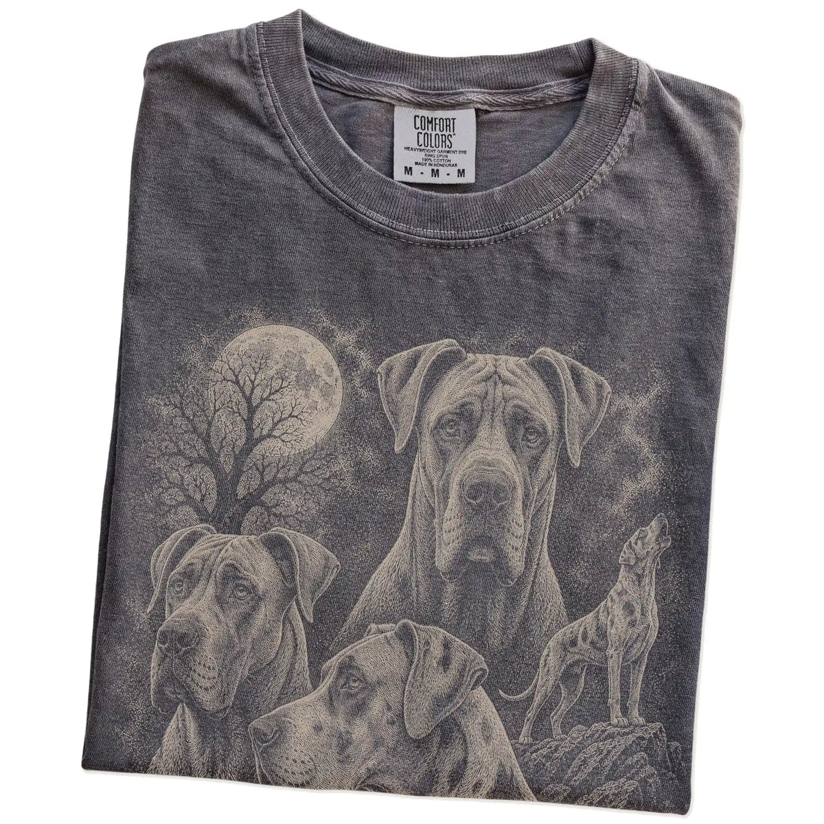 Folded Pepper Comfort Colors® T-shirt showing a vintage moon montage featuring Great Dane