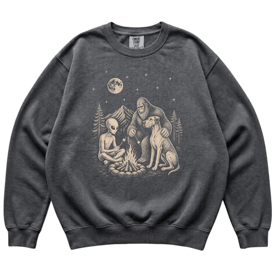 Pepper Great Dane Camping with Bigfoot and Alien shirt laid flat
