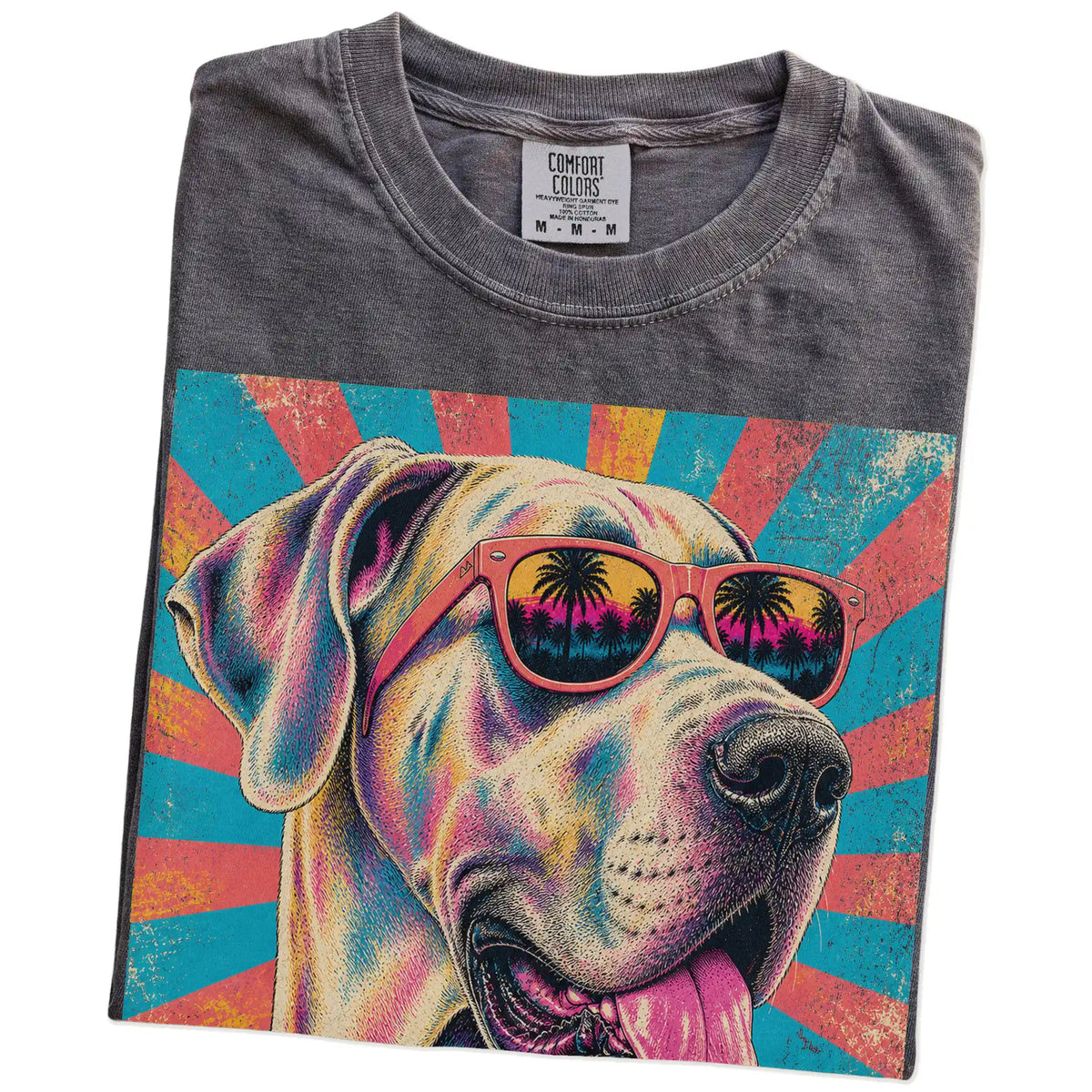 Retro Great Dane Mama design on a Pepper Comfort Colors T-shirt folded detail