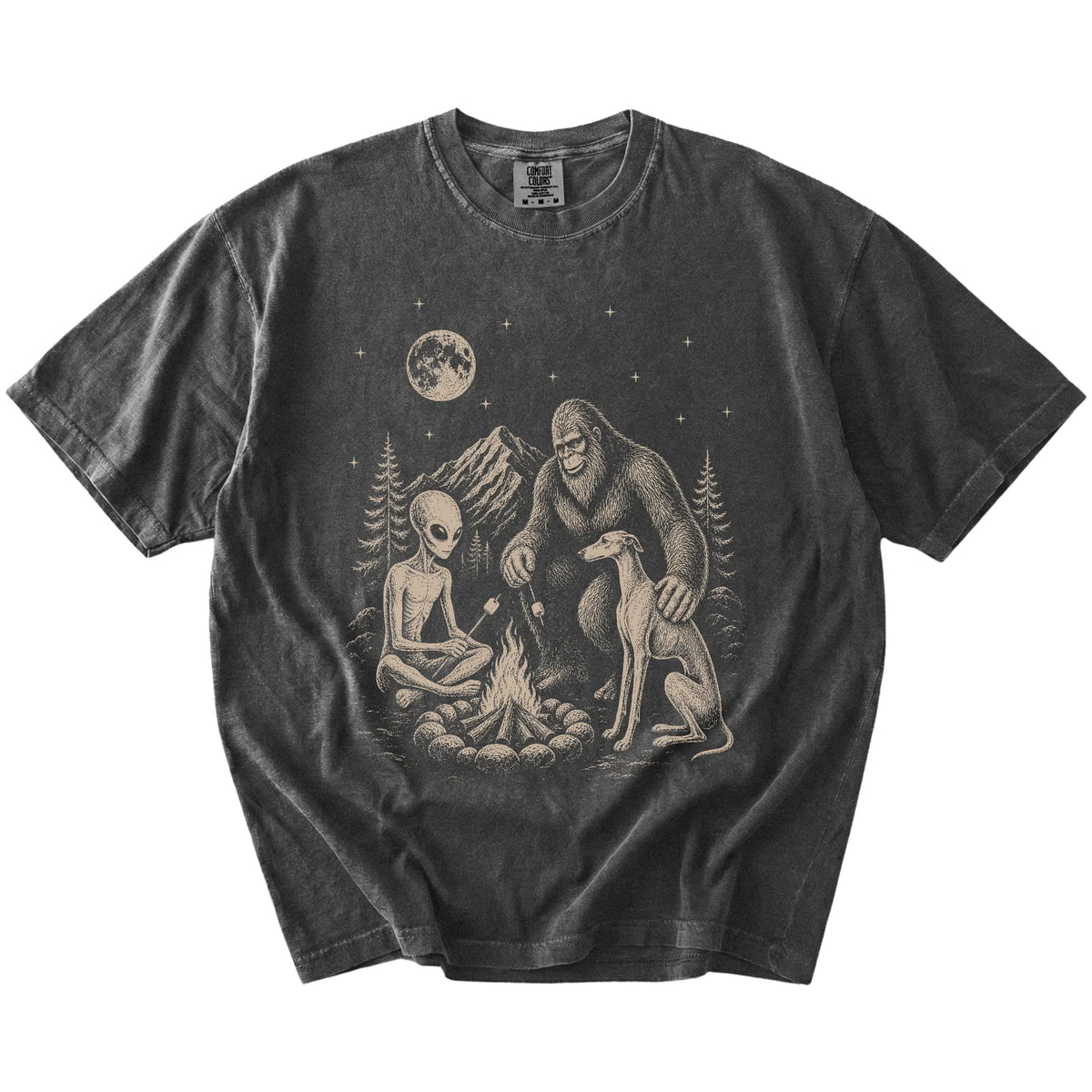 Greyhound camping with Bigfoot and an alien on a Pepper Comfort Colors® T-shirt