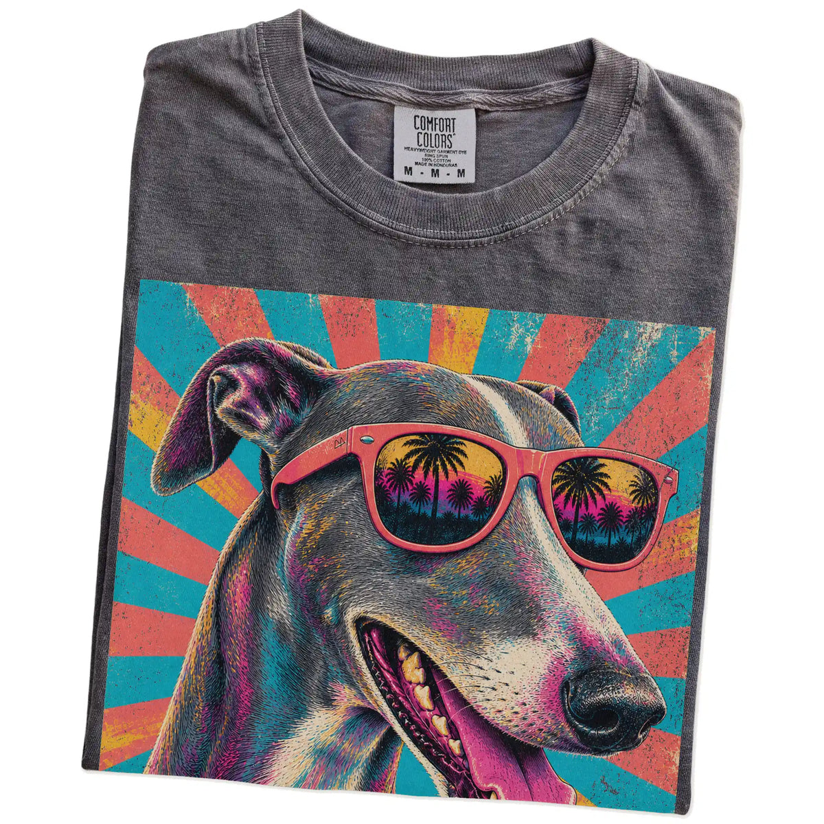 Retro Greyhound Mama design on a Pepper Comfort Colors T-shirt folded detail
